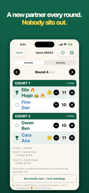 A generated round-robin schedule with courts and matchups